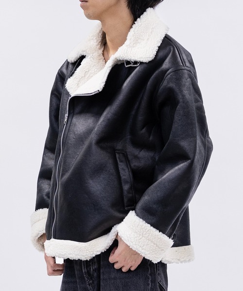 JOHN'S CLOSET（ジョンズクローゼット）の「【13】ヴィンテージ加工 フェイクムートン ダブルジャケット（ムートンコート・メンズ・ブラック系2/ブラック系1・MEDIUM/LARGE）」の8枚目の写真