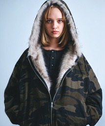 コットンツイル ファー使い ショート丈 ダブルジップ パデッド フードブルゾン ジップパーカー フーディー【UNISEX】