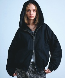コットンツイル ファー使い ショート丈 ダブルジップ パデッド フードブルゾン ジップパーカー フーディー【UNISEX】