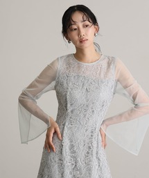 ミモレ丈&袖あり フォーマル リーフエンブロイダリーウェーブ切替カッティングセレモニー 結婚式 二次会 パーティー ドレス オケージョンドレス お呼ばれ 同窓会 成人式