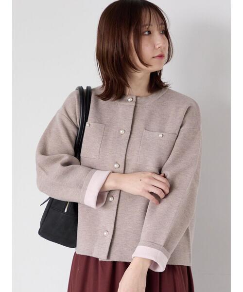 パール釦バイカラーニットカーディガン（カーディガン/ボレロ）｜Te