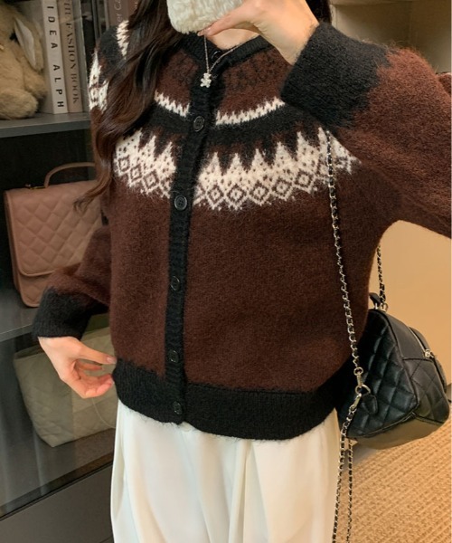 kirakiraShop（キラキラショップ）の「ノルディック柄 シャギー カーディガン（カーディガン/ボレロ・レディース・クリーム/ブラウン・FREE）」の5枚目の写真