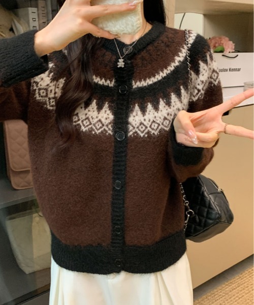 kirakiraShop（キラキラショップ）の「ノルディック柄 シャギー カーディガン（カーディガン/ボレロ・レディース・クリーム/ブラウン・FREE）」の6枚目の写真