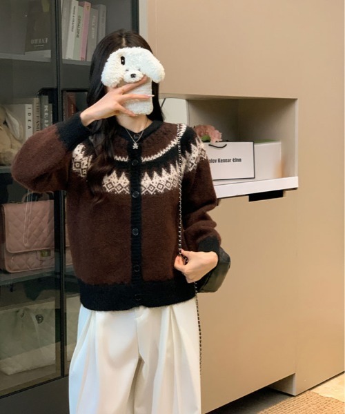kirakiraShop（キラキラショップ）の「ノルディック柄 シャギー カーディガン（カーディガン/ボレロ・レディース・クリーム/ブラウン・FREE）」の7枚目の写真