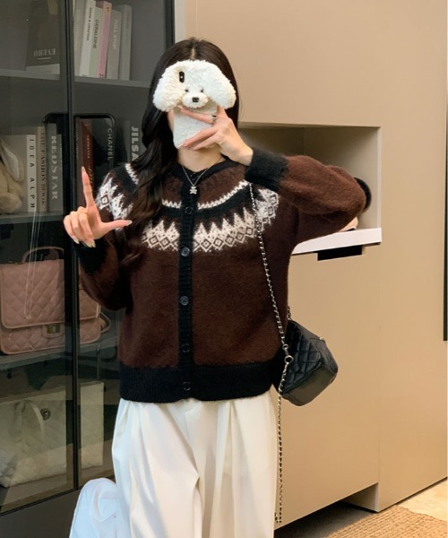 kirakiraShop（キラキラショップ）の「ノルディック柄 シャギー カーディガン（カーディガン/ボレロ・レディース・クリーム/ブラウン・FREE）」の8枚目の写真