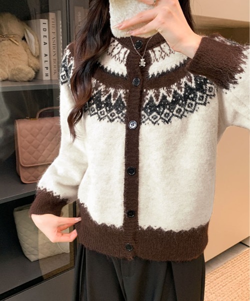 kirakiraShop（キラキラショップ）の「ノルディック柄 シャギー カーディガン（カーディガン/ボレロ・レディース・クリーム/ブラウン・FREE）」の10枚目の写真
