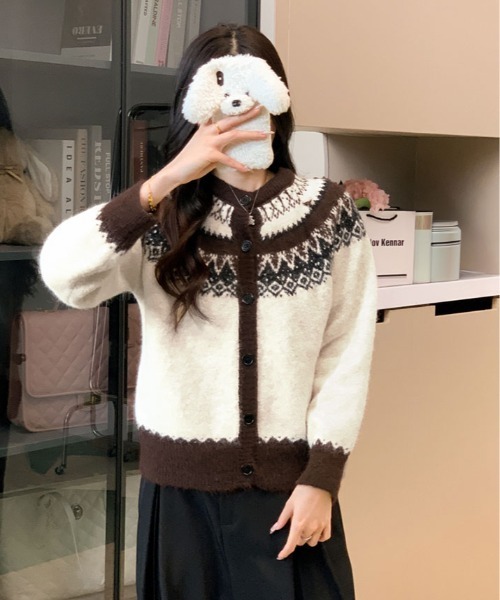 kirakiraShop（キラキラショップ）の「ノルディック柄 シャギー カーディガン（カーディガン/ボレロ・レディース・クリーム/ブラウン・FREE）」の11枚目の写真