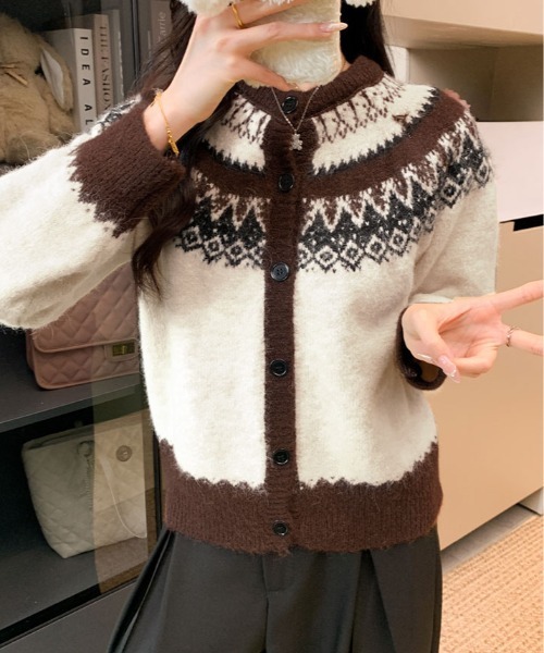 kirakiraShop（キラキラショップ）の「ノルディック柄 シャギー カーディガン（カーディガン/ボレロ・レディース・クリーム/ブラウン・FREE）」の12枚目の写真
