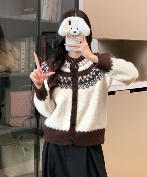 kirakiraShop（キラキラショップ）の「ノルディック柄 シャギー カーディガン（カーディガン/ボレロ・レディース・クリーム/ブラウン・FREE）」の14枚目の写真