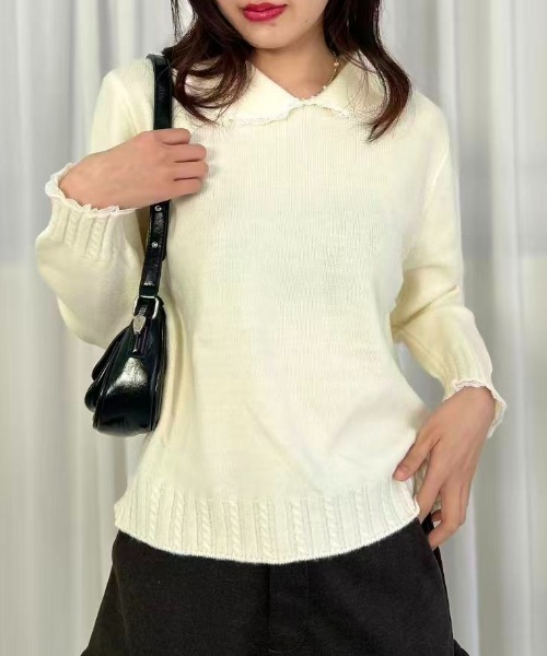 mebole(メボレ)の「Lace Collar Knit Sweater(ニット/セーター・レディース・ダークグレー/アイボリー/グレー・FREE)」の2枚目の写真