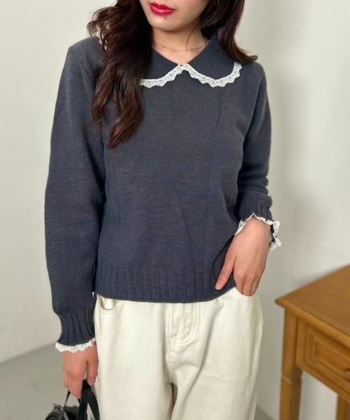 mebole(メボレ)の「Lace Collar Knit Sweater(ニット/セーター・レディース・ダークグレー/アイボリー/グレー・FREE)」の3枚目の写真