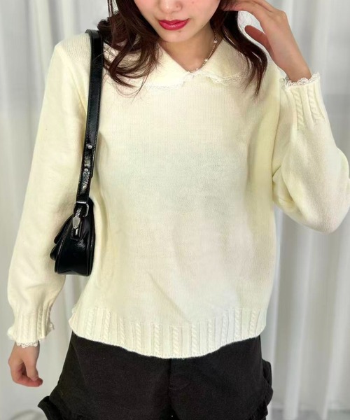 mebole(メボレ)の「Lace Collar Knit Sweater(ニット/セーター・レディース・ダークグレー/アイボリー/グレー・FREE)」の4枚目の写真