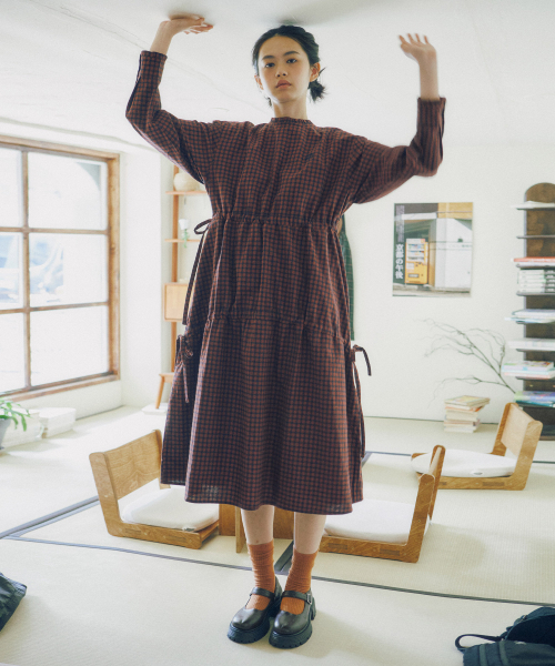 W LONG SLEEVE CHECK ONE-PIECE [RED]