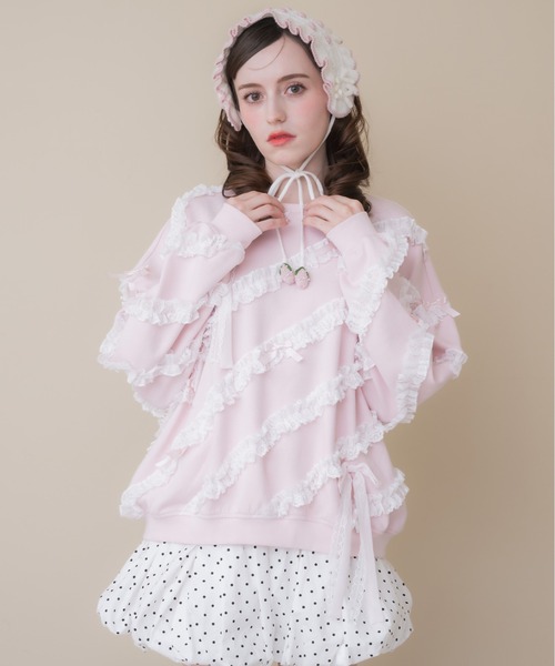 Lolime by mellfy memory(ロリミー バイ メルフィーメモリー)の「lacy ribbon sweatshirt(スウェット・レディース・ホワイト/ピンク/グレー・FREE)」の12枚目の写真