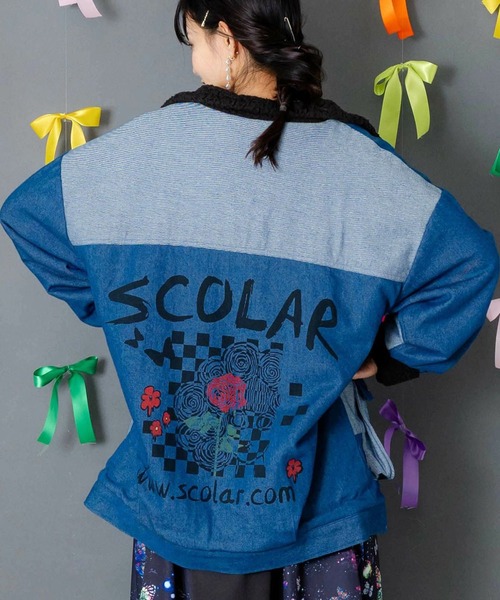 ScoLar(スカラー)の「ScoLar(スカラー) 落書きモザイク柄デニム×ボアジャケット(デニムジャケット・レディース・ネイビー/ブラック・MEDIUM)」の2枚目の写真