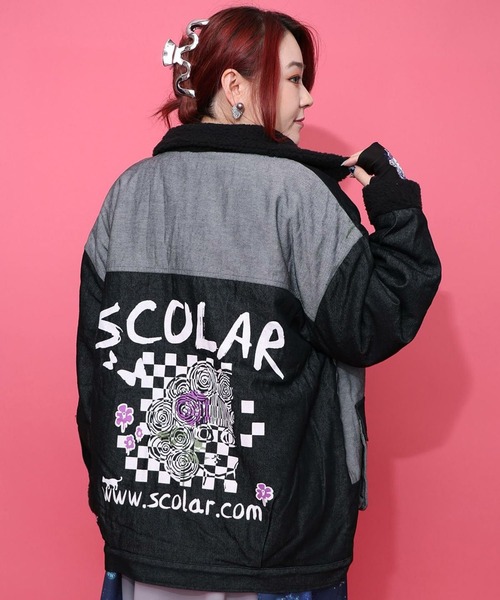 ScoLar(スカラー)の「ScoLar(スカラー) 落書きモザイク柄デニム×ボアジャケット(デニムジャケット・レディース・ネイビー/ブラック・MEDIUM)」の1枚目の写真