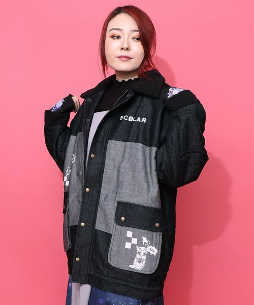 ScoLar(スカラー)の「ScoLar(スカラー) 落書きモザイク柄デニム×ボアジャケット(デニムジャケット・レディース・ネイビー/ブラック・MEDIUM)」の6枚目の写真