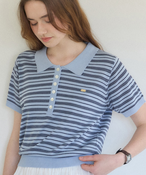 OURHOPE(アワーホープ)の「ブリーズストライプピケニット - スカイブルー(ポロシャツ・レディース・スカイブルー・FREE)」の2枚目の写真