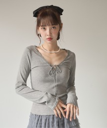 Nadana（ナダナ）の「レースドッキングフロントレースアップトップス（Tシャツ/カットソー）」