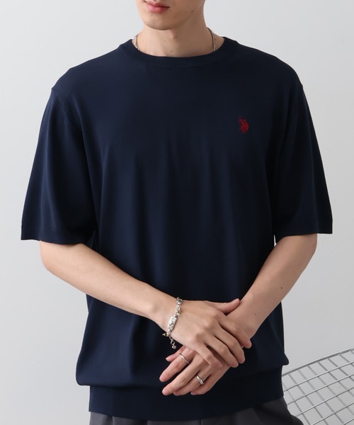 U.S. POLO ASSN.(ユーエスポロアッスン)の「【U.S. POLO ASSN./ユーエスポロアッスン】接触冷感 ワンポイントロゴ刺繍 半袖クルーネックニット(ニット/セーター・メンズ・ネイビー/ブラック/オフホワイト・LL/M/L)」の1枚目の写真