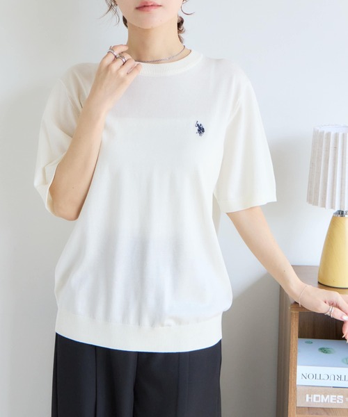 U.S. POLO ASSN.(ユーエスポロアッスン)の「【U.S. POLO ASSN./ユーエスポロアッスン】接触冷感 ワンポイントロゴ刺繍 半袖クルーネックニット(ニット/セーター・メンズ・ネイビー/ブラック/オフホワイト・LL/M/L)」の2枚目の写真