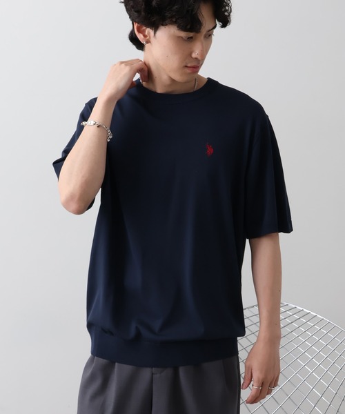 U.S. POLO ASSN.(ユーエスポロアッスン)の「【U.S. POLO ASSN./ユーエスポロアッスン】接触冷感 ワンポイントロゴ刺繍 半袖クルーネックニット(ニット/セーター・メンズ・ネイビー/ブラック/オフホワイト・LL/M/L)」の4枚目の写真