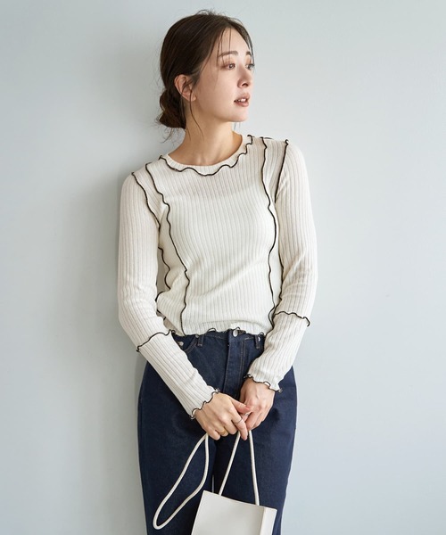 STYLE DELI（スタイルデリ）の「メロウリブ◆フリルライントップス（Tシャツ/カットソー・レディース・ライトブルー/ホワイト・MEDIUM）」の2枚目の写真