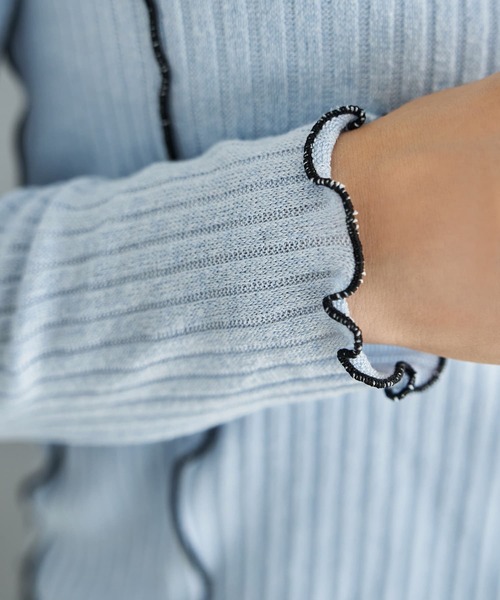 STYLE DELI（スタイルデリ）の「メロウリブ◆フリルライントップス（Tシャツ/カットソー・レディース・ライトブルー/ホワイト・MEDIUM）」の7枚目の写真