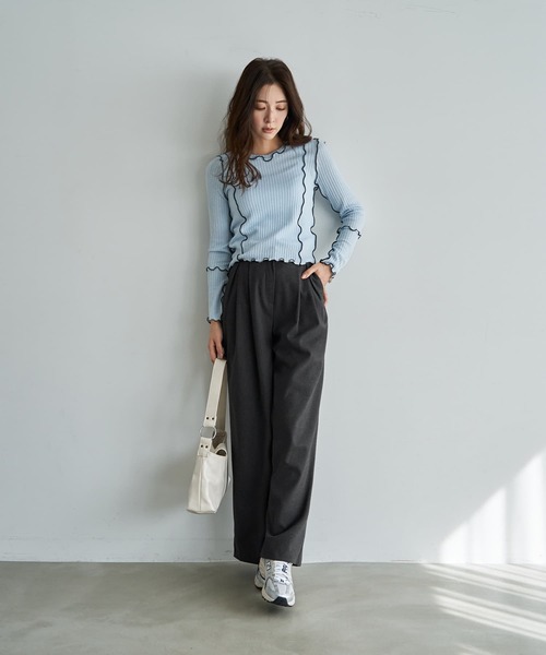 STYLE DELI（スタイルデリ）の「メロウリブ◆フリルライントップス（Tシャツ/カットソー・レディース・ライトブルー/ホワイト・MEDIUM）」の13枚目の写真