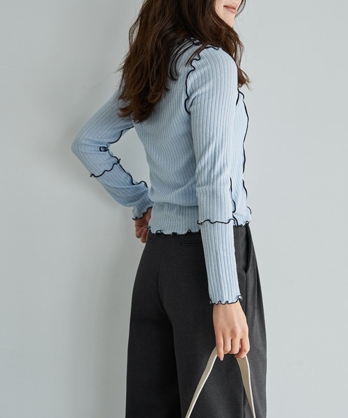 STYLE DELI（スタイルデリ）の「メロウリブ◆フリルライントップス（Tシャツ/カットソー・レディース・ライトブルー/ホワイト・MEDIUM）」の14枚目の写真