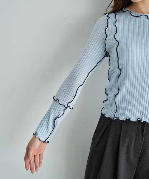 STYLE DELI（スタイルデリ）の「メロウリブ◆フリルライントップス（Tシャツ/カットソー・レディース・ライトブルー/ホワイト・MEDIUM）」の6枚目の写真