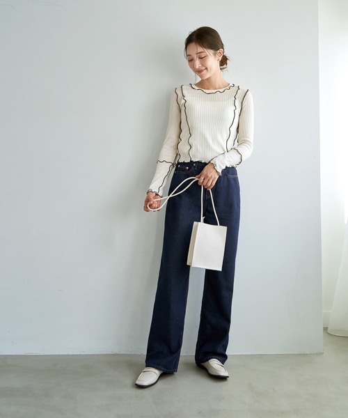 STYLE DELI（スタイルデリ）の「メロウリブ◆フリルライントップス（Tシャツ/カットソー・レディース・ライトブルー/ホワイト・MEDIUM）」の10枚目の写真