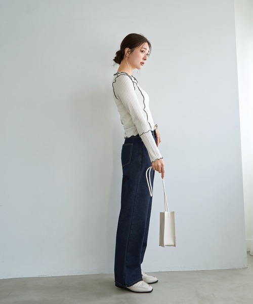 STYLE DELI（スタイルデリ）の「メロウリブ◆フリルライントップス（Tシャツ/カットソー・レディース・ライトブルー/ホワイト・MEDIUM）」の3枚目の写真