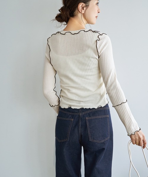 STYLE DELI（スタイルデリ）の「メロウリブ◆フリルライントップス（Tシャツ/カットソー・レディース・ライトブルー/ホワイト・MEDIUM）」の4枚目の写真