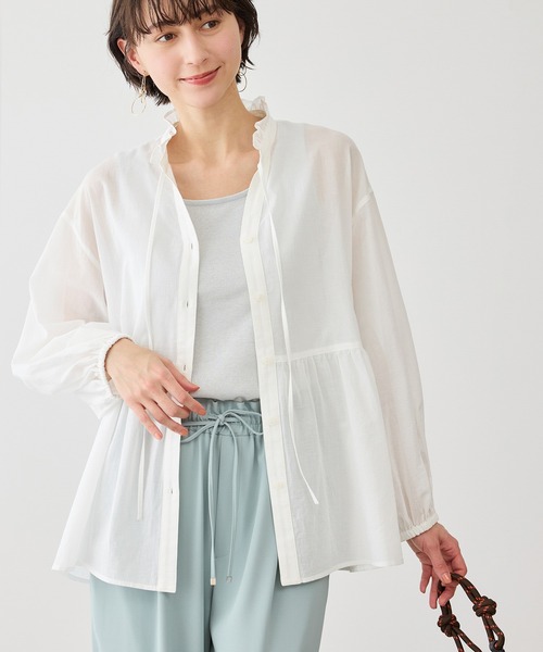 ROPE' PICNIC（ロペピクニック）の「お着軽シャツシリーズ フリルカラーシアーペプラムブラウス/接触冷感・通気性（シャツ/ブラウス・レディース・ブルー/ブルー系その他4/ネイビー/イエロー/ピンク/ホワイト/オレンジ/ダークブラウン/サックスブルー・FREE）」の12枚目の写真