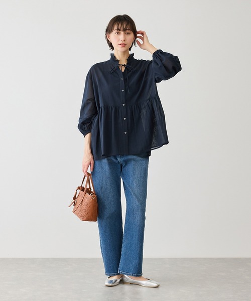 ROPE' PICNIC（ロペピクニック）の「お着軽シャツシリーズ フリルカラーシアーペプラムブラウス/接触冷感・通気性（シャツ/ブラウス・レディース・ブルー/ブルー系その他4/ネイビー/イエロー/ピンク/ホワイト/オレンジ/ダークブラウン/サックスブルー・FREE）」の18枚目の写真