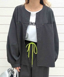 Q | ストライプシャツジャケット(ノーカラージャケット)