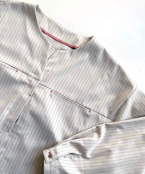 Q(キュー)の「ストライプシャツジャケット(ノーカラージャケット・レディース・アイボリー・MEDIUM)」の3枚目の写真