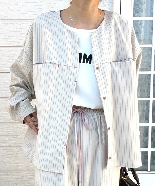 Q(キュー)の「ストライプシャツジャケット(ノーカラージャケット・レディース・アイボリー・MEDIUM)」の7枚目の写真