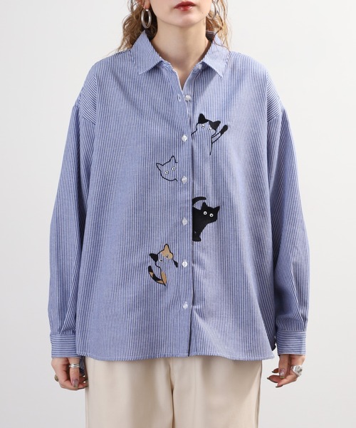 Quelle Chance(ケルシャンス)の「ひょっこり猫刺繍シャツ 長袖(シャツ/ブラウス・レディース・ネイビー系/オフホワイト/ホワイト×ブルー・L/M)」の21枚目の写真