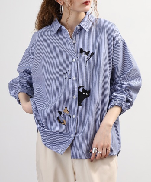 Quelle Chance(ケルシャンス)の「ひょっこり猫刺繍シャツ 長袖(シャツ/ブラウス・レディース・ネイビー系/オフホワイト/ホワイト×ブルー・L/M)」の11枚目の写真