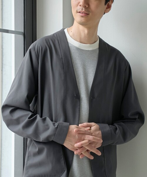 coen(コーエン)の「ハイブリッドリネン ノーカラージャケット【吸水速乾・防シワ・UVカット】(セットアップ・メンズ・ネイビー/モカ/ダークグレー・XL/S/L/M)」の9枚目の写真
