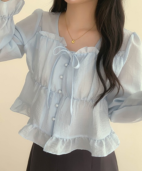 Girly Doll(ガーリードール)の「フリルリボンギャザーブラウス(シャツ/ブラウス・レディース・ブルー/ホワイト/ピンク/ブラック・FREE)」の5枚目の写真