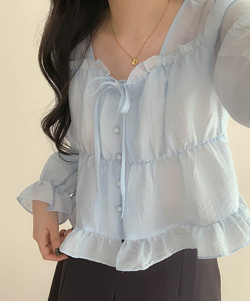 Girly Doll(ガーリードール)の「フリルリボンギャザーブラウス(シャツ/ブラウス・レディース・ブルー/ホワイト/ピンク/ブラック・FREE)」の10枚目の写真