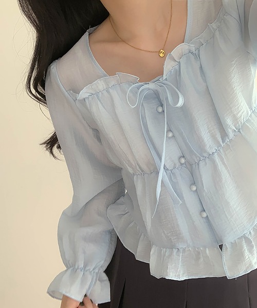 Girly Doll(ガーリードール)の「フリルリボンギャザーブラウス(シャツ/ブラウス・レディース・ブルー/ホワイト/ピンク/ブラック・FREE)」の11枚目の写真