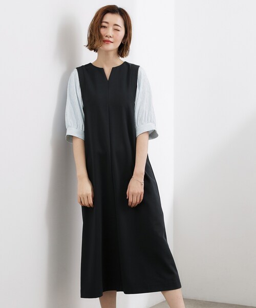 grove(グローブ)の「高評価!【体型カバー/洗える】袖布帛ポンチワンピース(ワンピース・レディース・ネイビー系4/グレー系4/ブラック系4・03/02/01/04/05)」の4枚目の写真