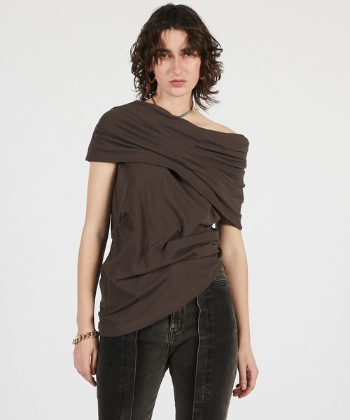 PRANK PROJECT（プランクプロジェクト）の「【2026Summer Pre-Order】アシンメトリードレープトップ / Asymmetrical Drape Top（Tシャツ/カットソー・レディース・ブラウン/グレー/ブラック・FREE）」の3枚目の写真
