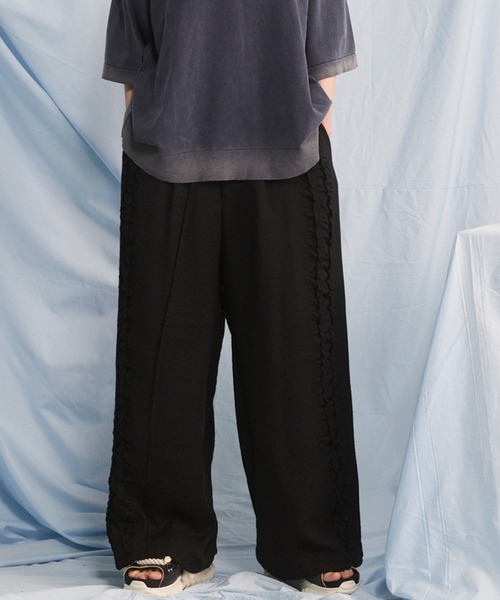 UNISEX》Gathered Ruffle Switching Prime-Wide Pants/フリルギャザー