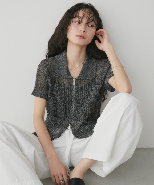 Aunt Marie's(アントマリーズ)の「ダブルジップシアーハーフスリーブポロニット/トップス(ニット/セーター・レディース・ブラック/ブラウン/ミント・FREE)」の6枚目の写真