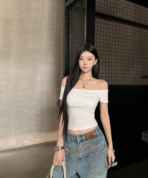 おしゃれスタ(オシャレスタ)の「きらきらデザインオフショルリブトップス(Tシャツ/カットソー・レディース・グレー/ブラック/ホワイト・S/M/L/XL)」の6枚目の写真